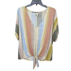 Truself Tie Front Short Sleeve Multicolored Striped‎ Top Sz 3X